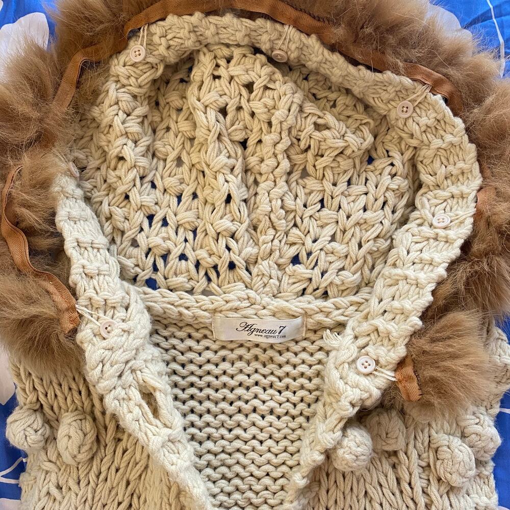 Hooded Boho Macrame Crochet Chunky Sweater Vest w Removable Faux Fur Collar Trim - Picture 9 of 9